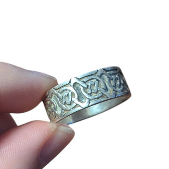 Celtic Knot Ring Sterling Silver Wedding Wide Labyrinth Etched Trinity Band 11.5 - Picture 3 of 8